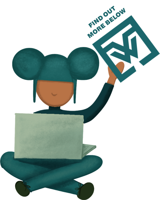 The icon of a person sitting in front of a laptop showing a sign "Find out more below".